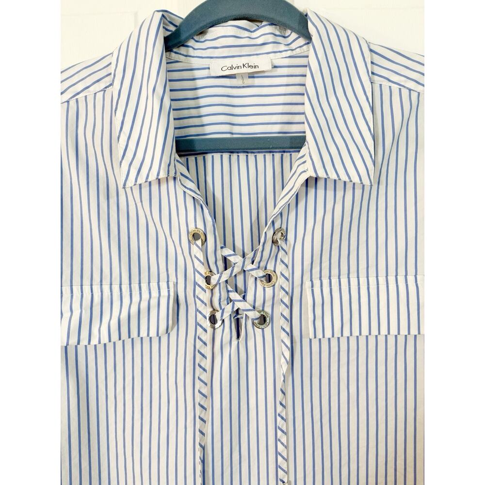 Calvin Klein Blouse Top L White Blue Stripe Nautical Tunic Roll Tab Sleeve Beach - Picture 2 of 5